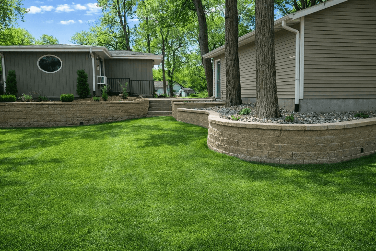 Large Block Retaining Wall with Sod Installation in Wisconsin