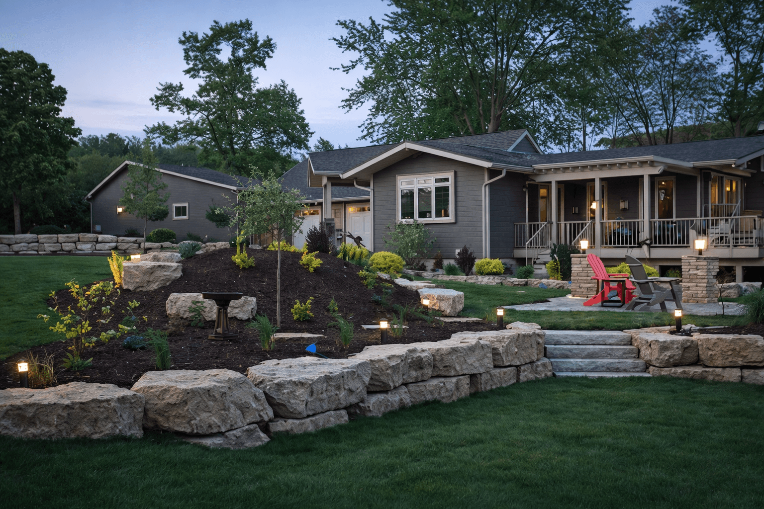 Professional residential landscaping with natural boulder retaining walls, terraced plantings, outdoor lighting, and stone steps in Wisconsin - showcasing expert landscape design and installation